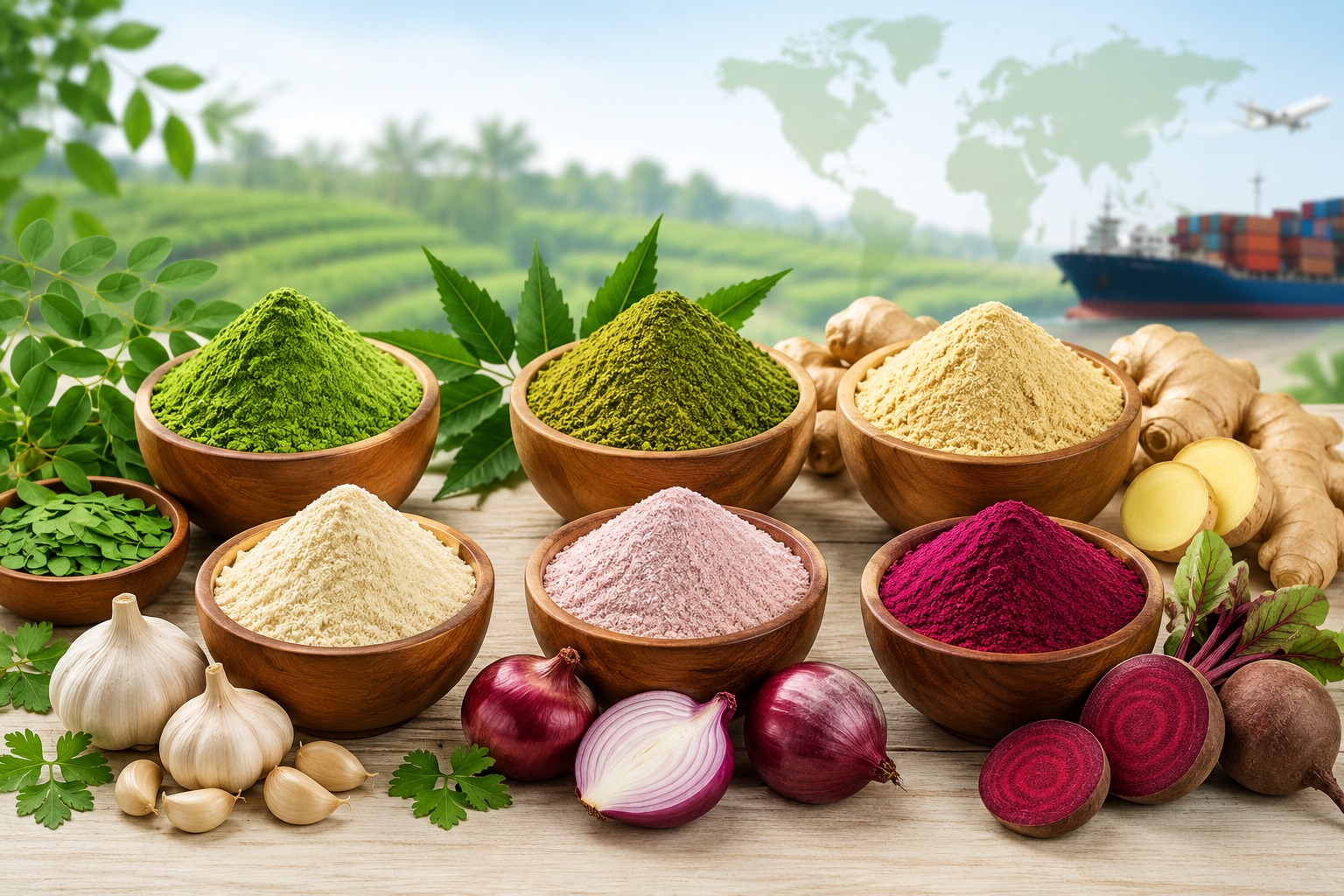 Premium dehydrated herbal and vegetable powders for export