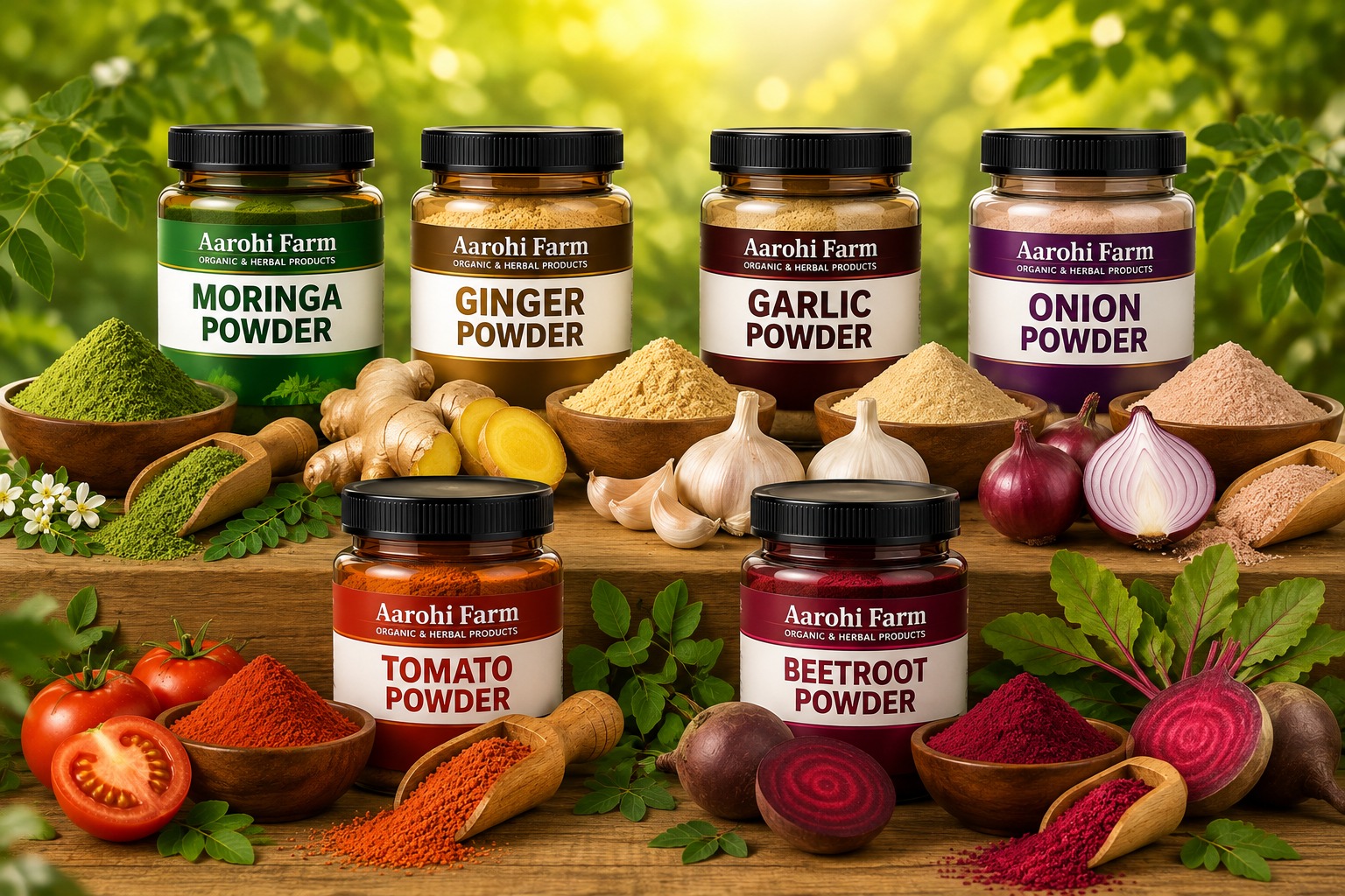 Retail packs of moringa, ginger, garlic and onion powder