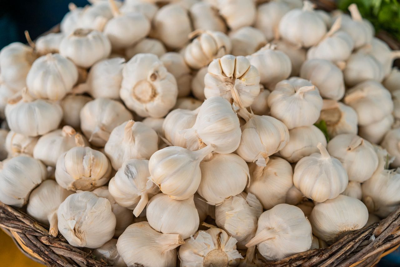 High-angle view of fresh garlic bulbs piled in a basket at a market stall.